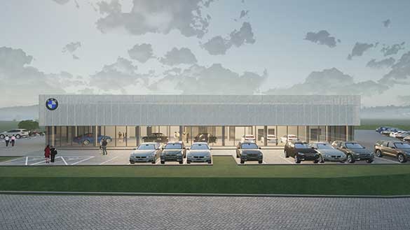 Wizualizacja nowego salonu BMW Bońkowscy w Starych Bielicach pod Koszalinem – otwarcie III kwartał 2026.